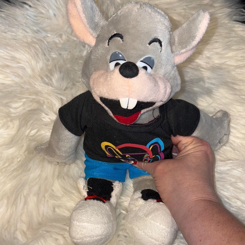 Gray Plush Mouse Toy with Black Shirt